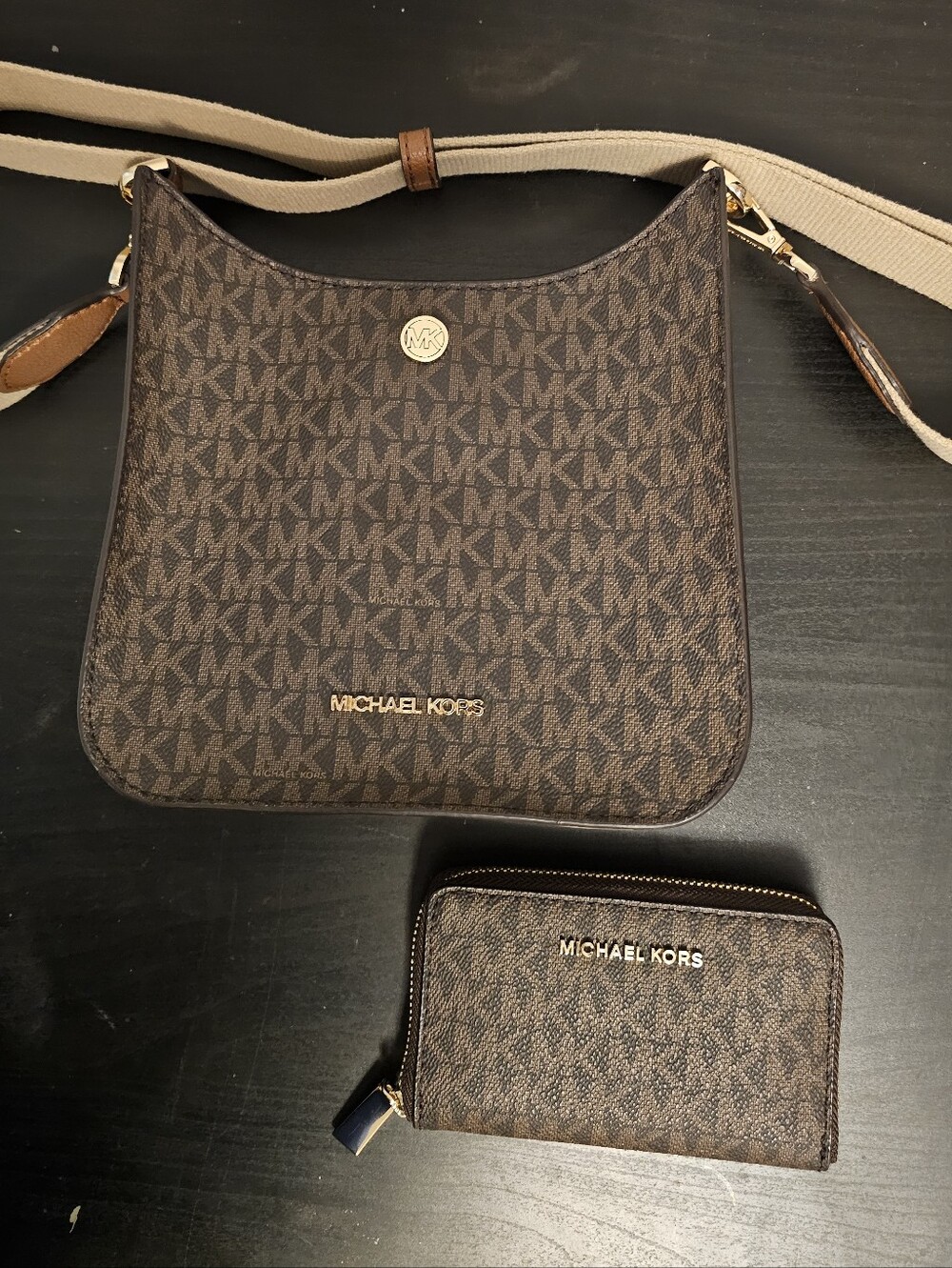 Michael Kors Brown Signature MK Monogram Crossbody with Matching Wallet